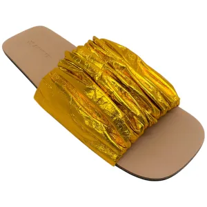 Jil Sander Ruched Gold Lame Slide Sandals