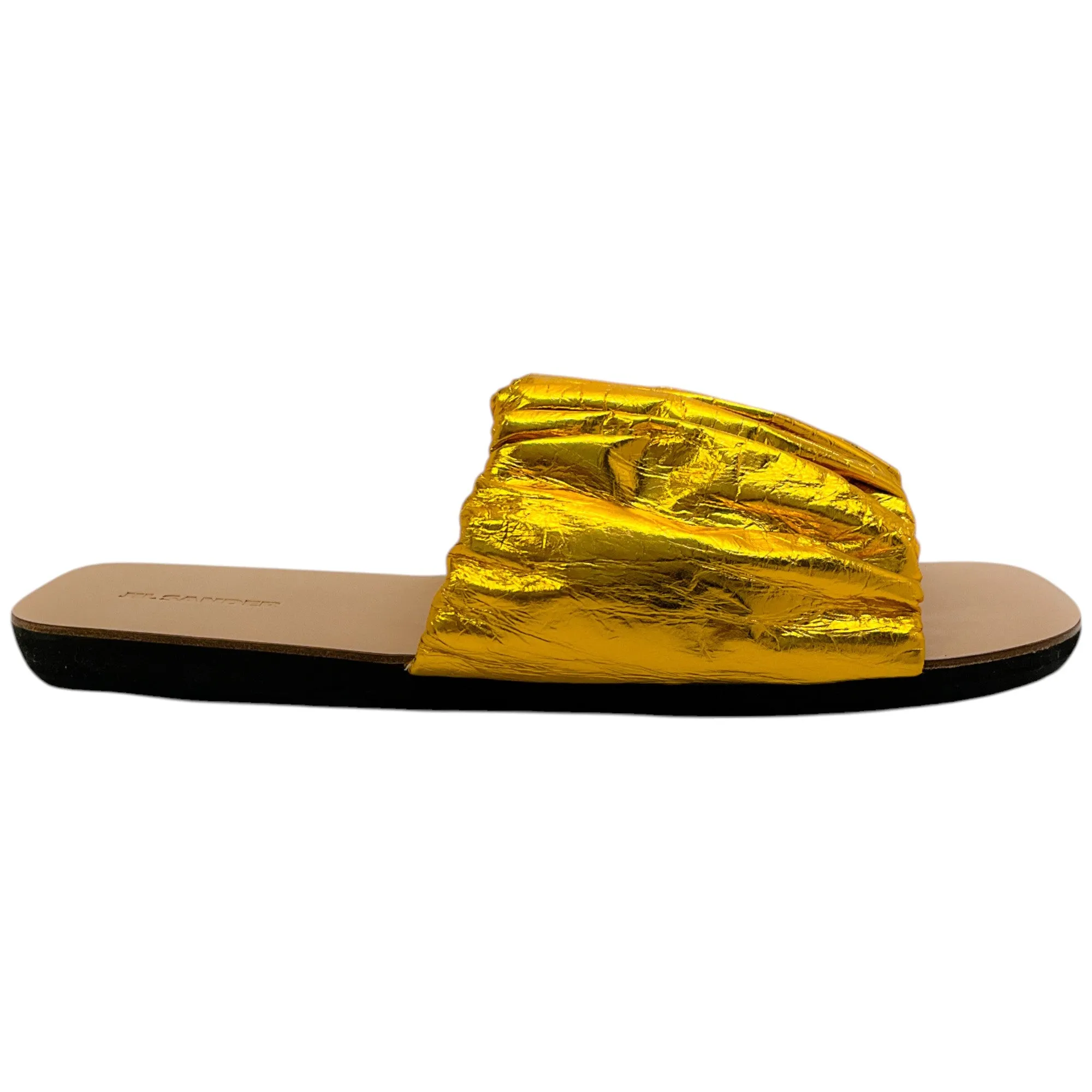 Jil Sander Ruched Gold Lame Slide Sandals