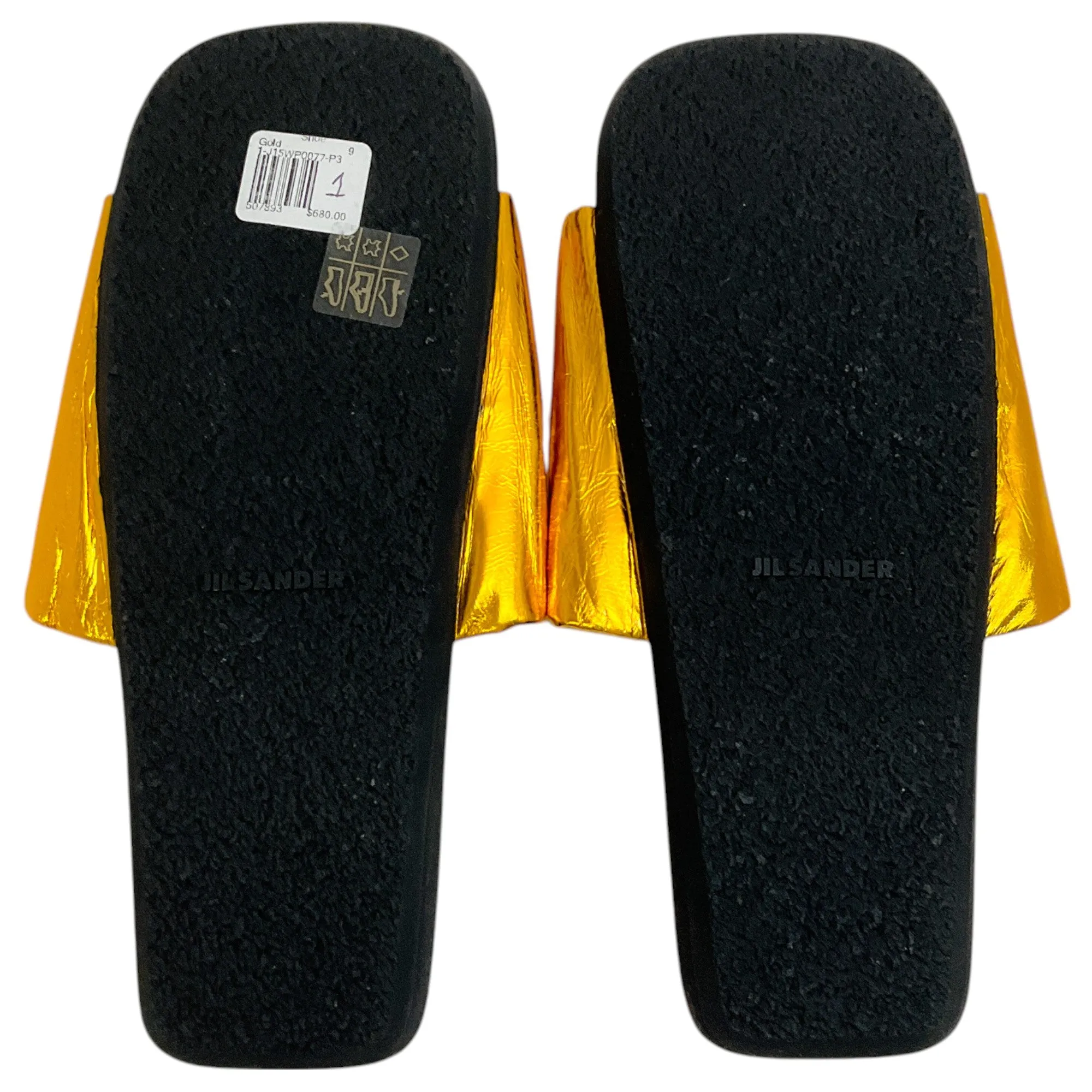 Jil Sander Ruched Gold Lame Slide Sandals