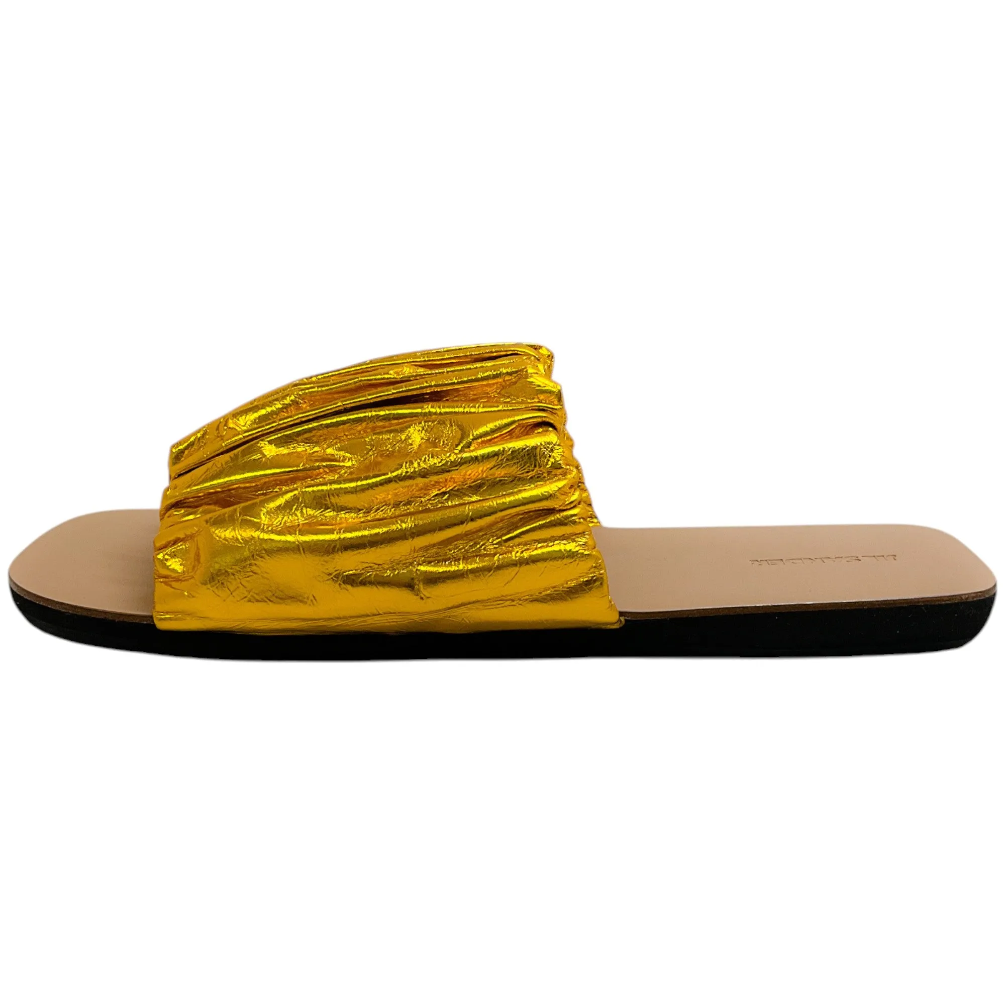 Jil Sander Ruched Gold Lame Slide Sandals