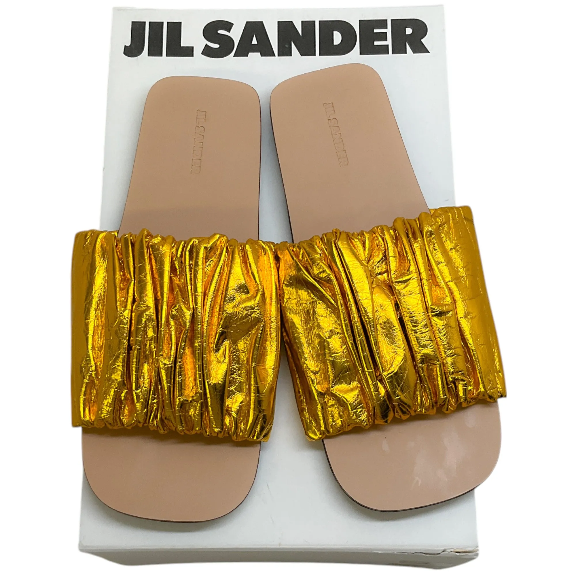 Jil Sander Ruched Gold Lame Slide Sandals