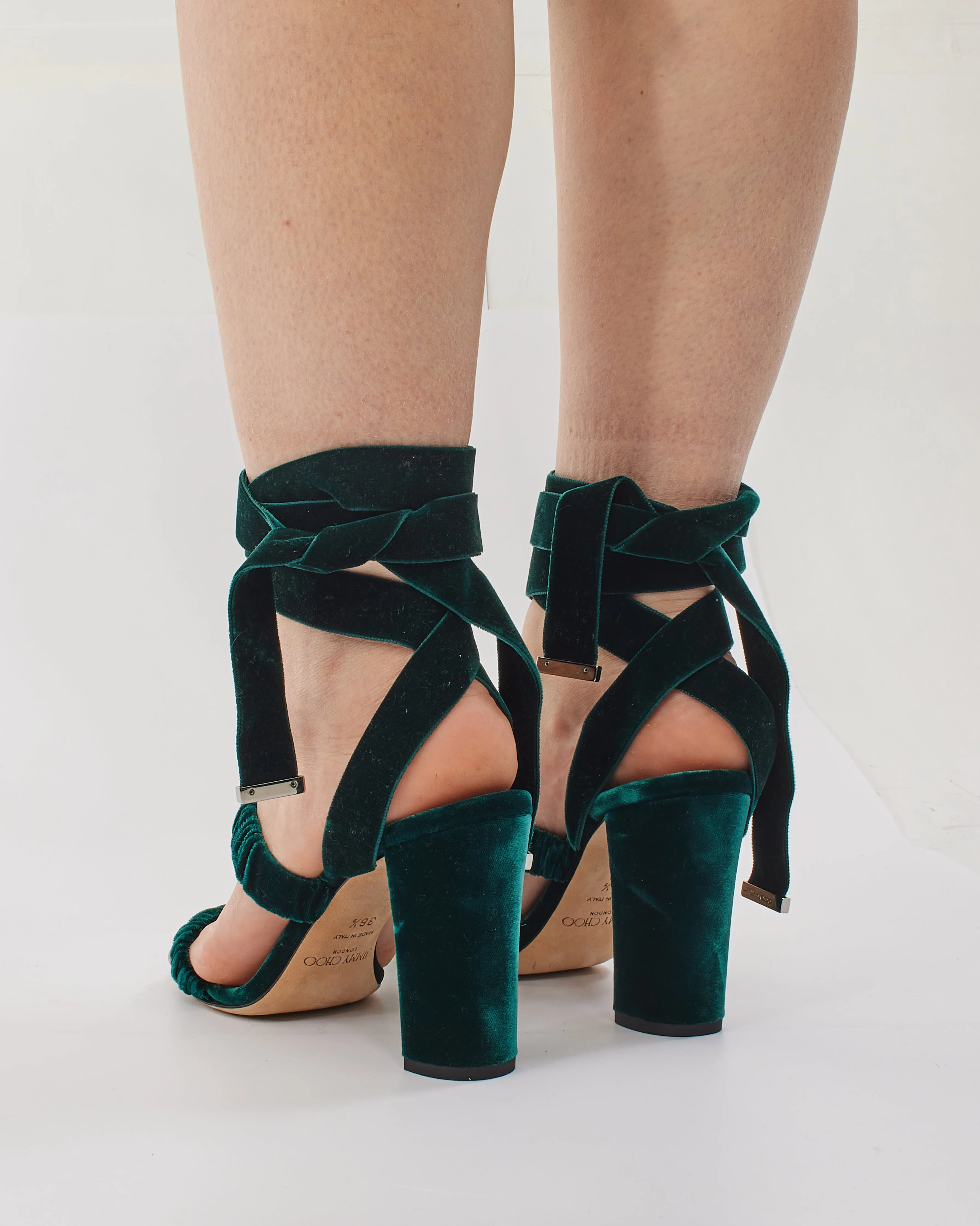 Jimmy Choo Green Velvet Marcella Ankle-Wrap Heeled Sandals -36.5