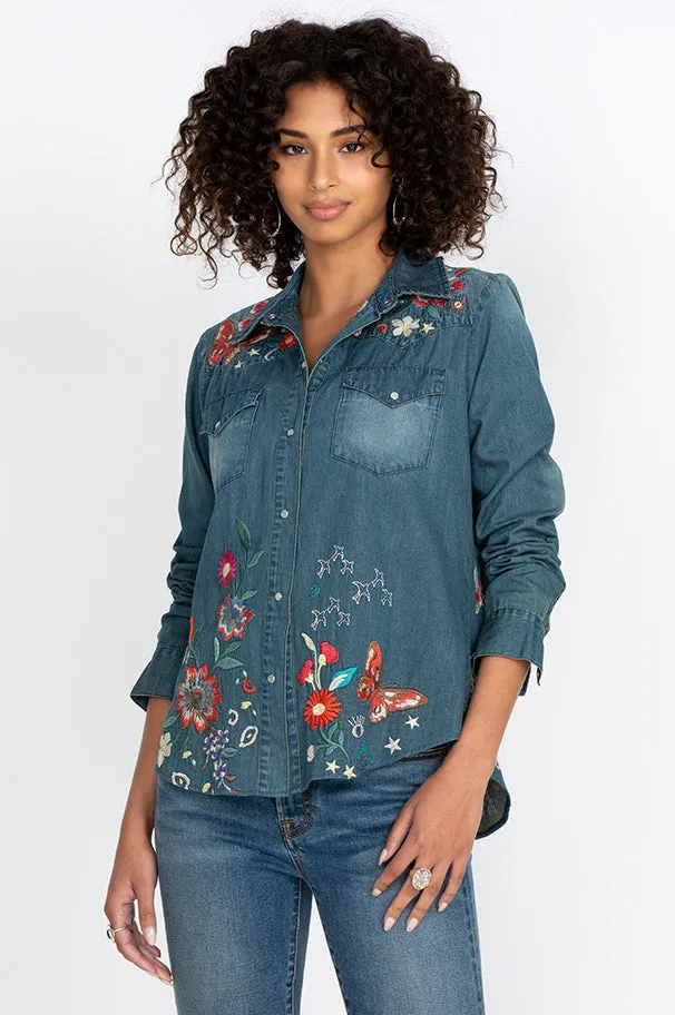 Johnny Was Olinda Denim Jean Button Embroidery Frayed Western Shirt Blue NEW