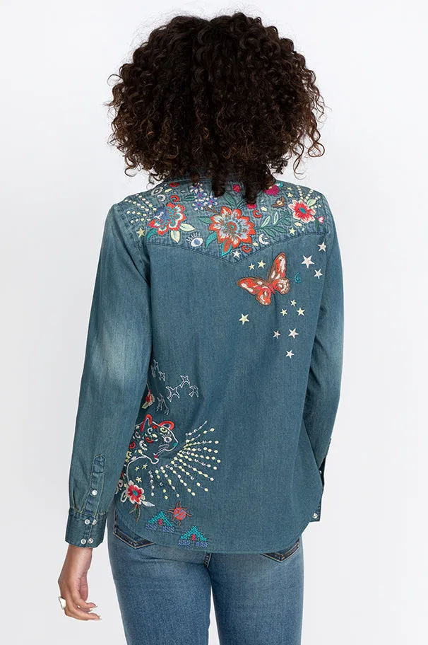 Johnny Was Olinda Denim Jean Button Embroidery Frayed Western Shirt Blue NEW