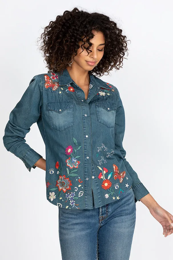 Johnny Was Olinda Denim Jean Button Embroidery Frayed Western Shirt Blue NEW