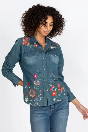 Johnny Was Olinda Denim Jean Button Embroidery Frayed Western Shirt Blue NEW
