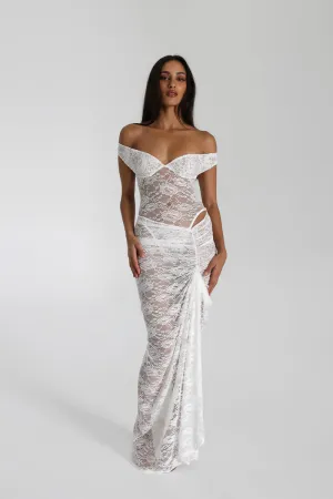 Lace Off-Shoulder Gown with Asymmetrical Hem