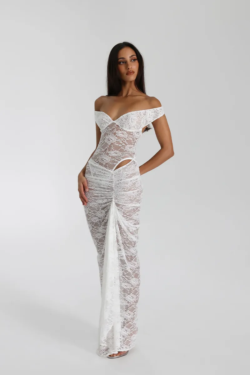 Lace Off-Shoulder Gown with Asymmetrical Hem