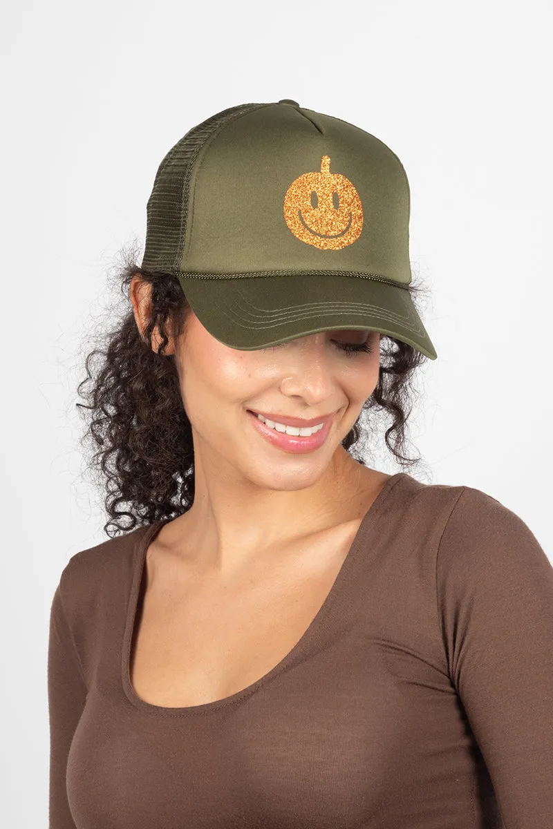 LCAPM2354 - Pumpkin Glitter Mesh Back Trucker Hat