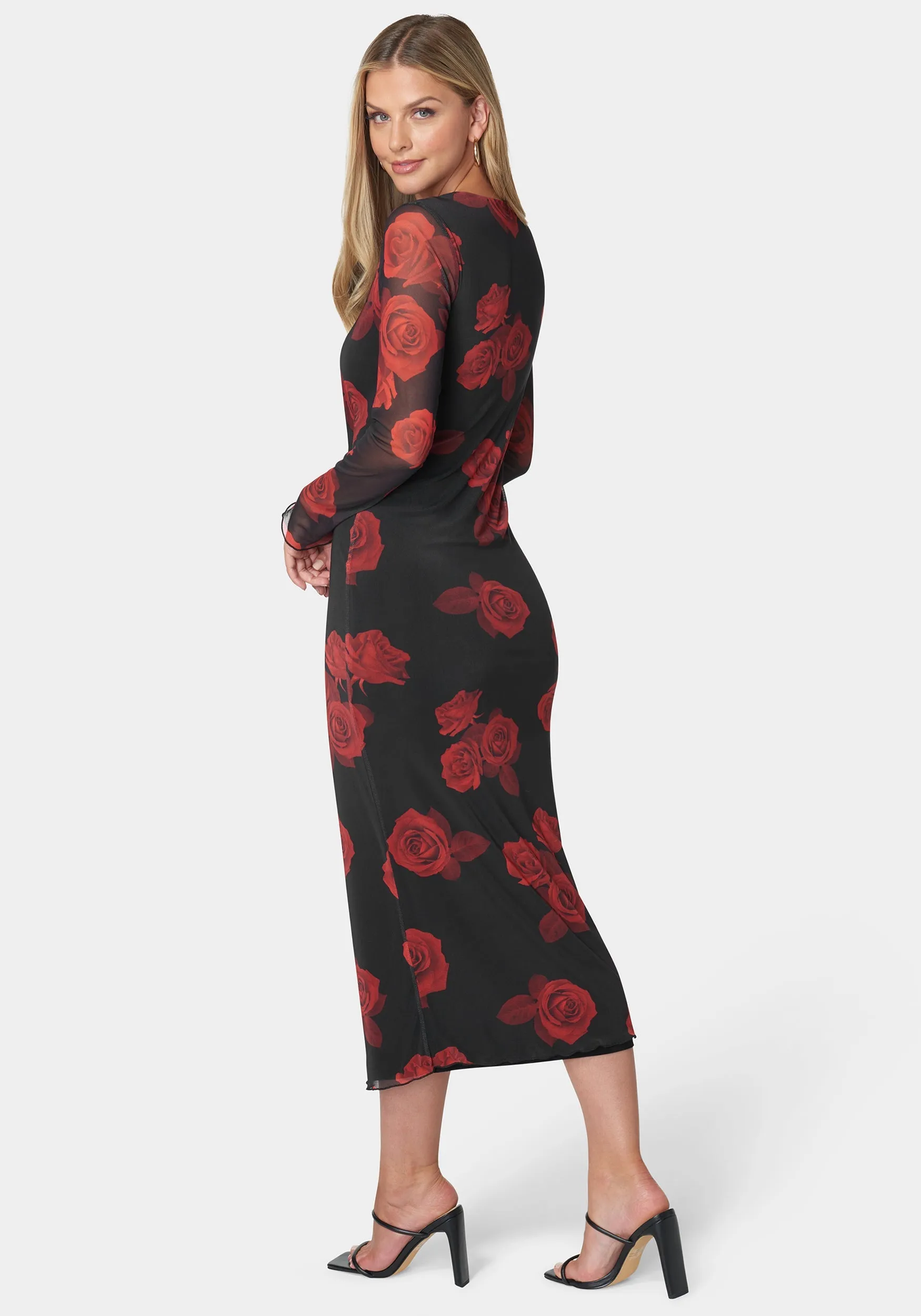 Long Sleeve Printed Powermesh Maxi