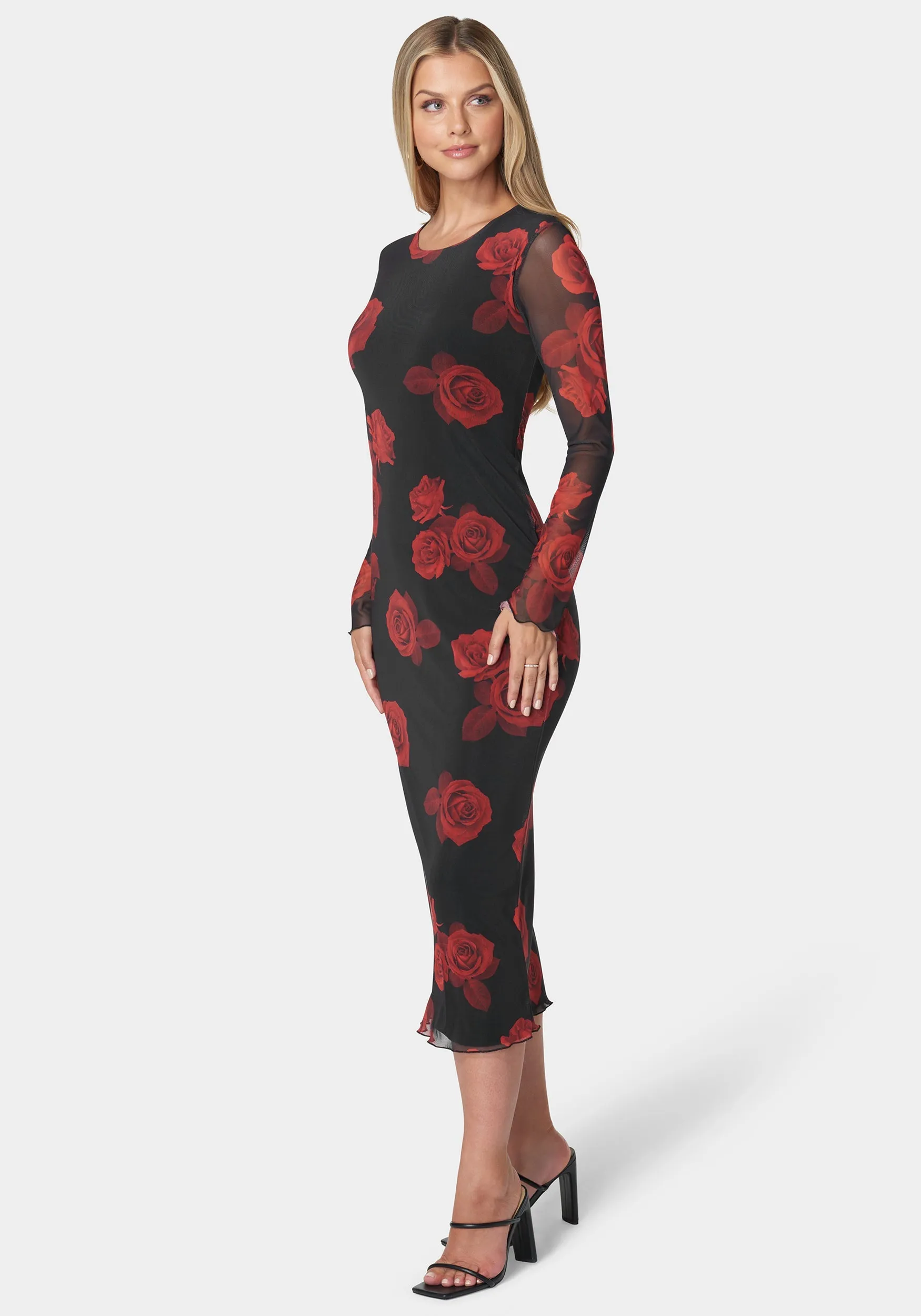 Long Sleeve Printed Powermesh Maxi