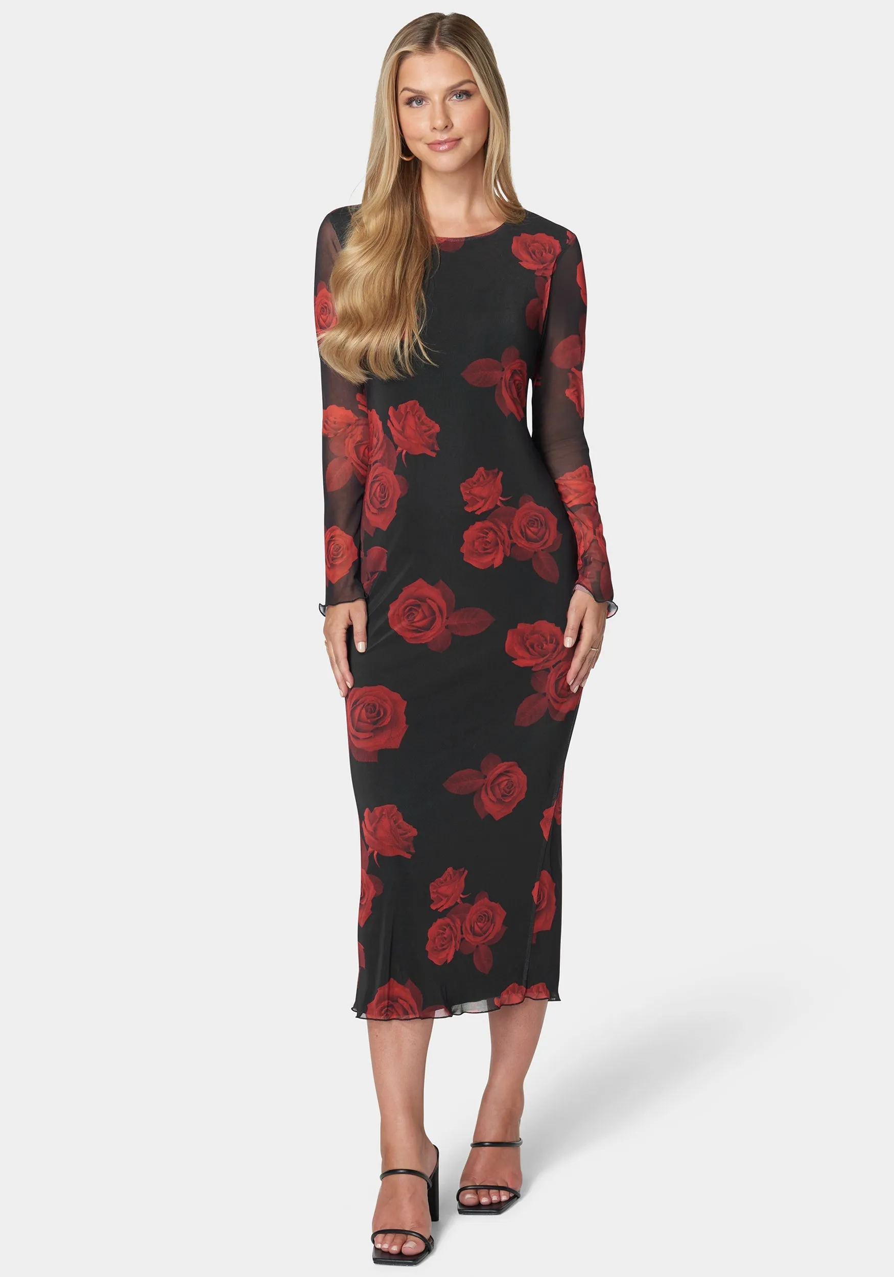 Long Sleeve Printed Powermesh Maxi