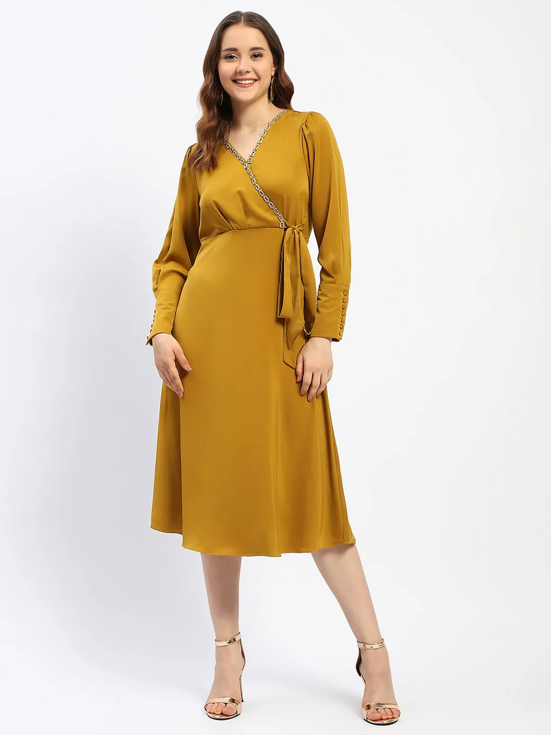 Madame Empire Waist Chain Accented Mustard Midi Dress
