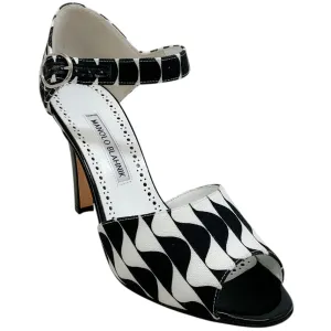 Manolo Blahnik Black / White Canvas Gardita 105 Sandals