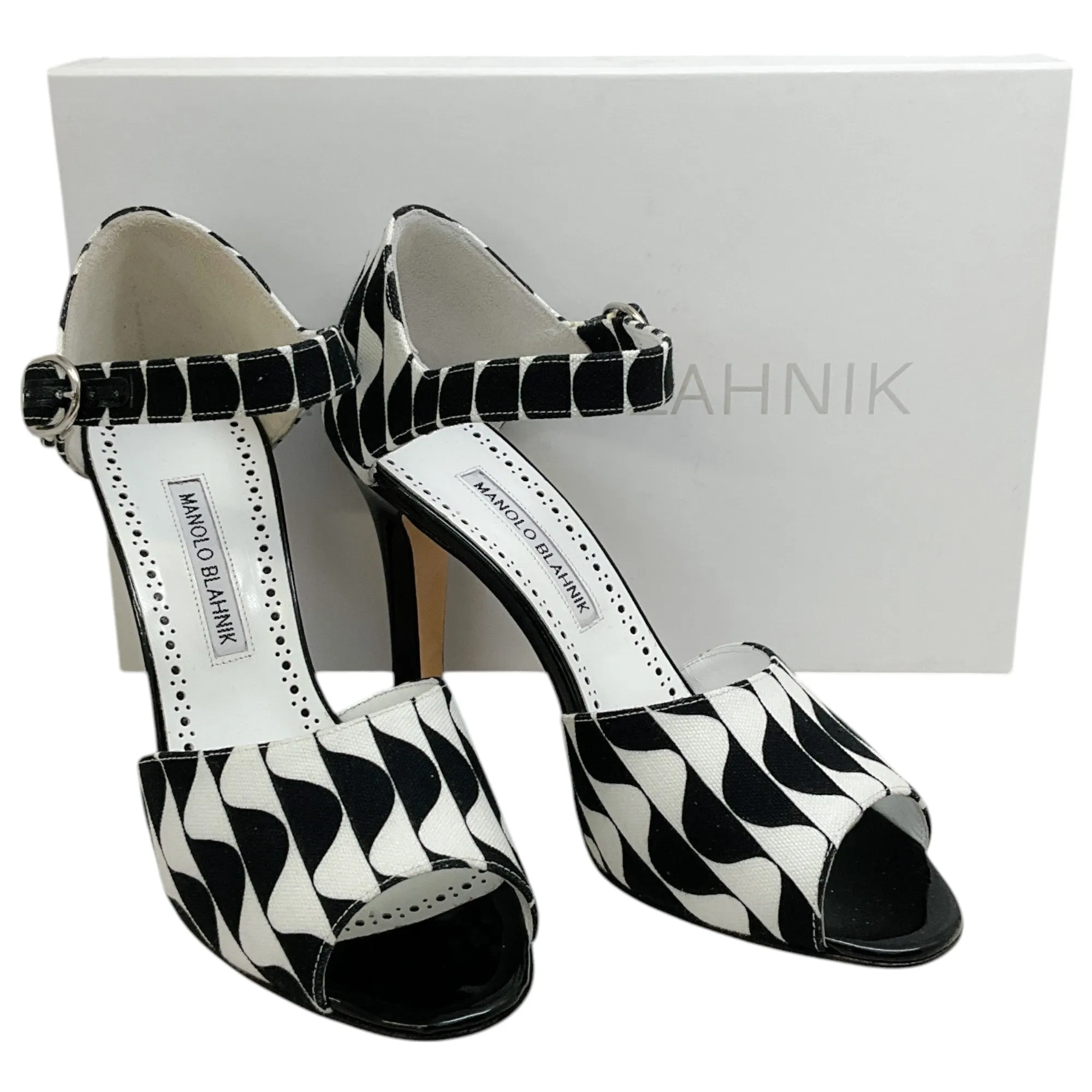 Manolo Blahnik Black / White Canvas Gardita 105 Sandals