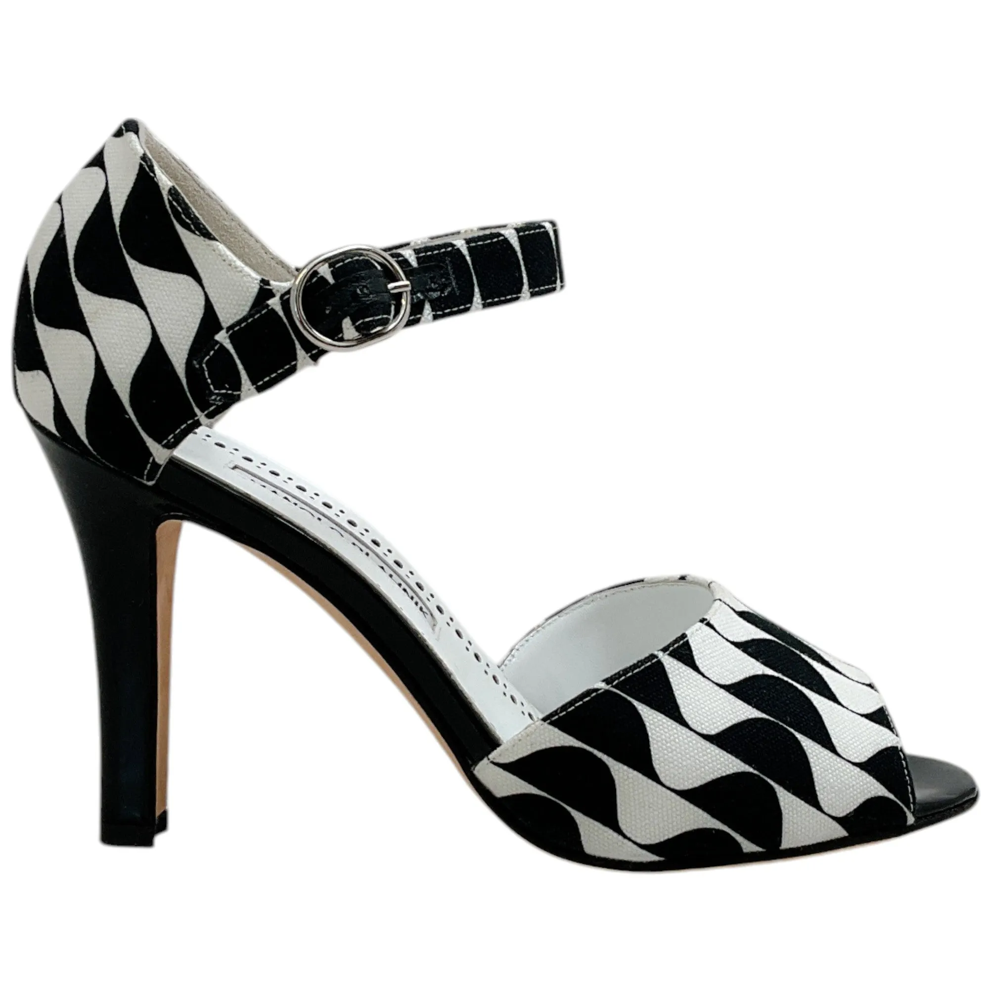 Manolo Blahnik Black / White Canvas Gardita 105 Sandals