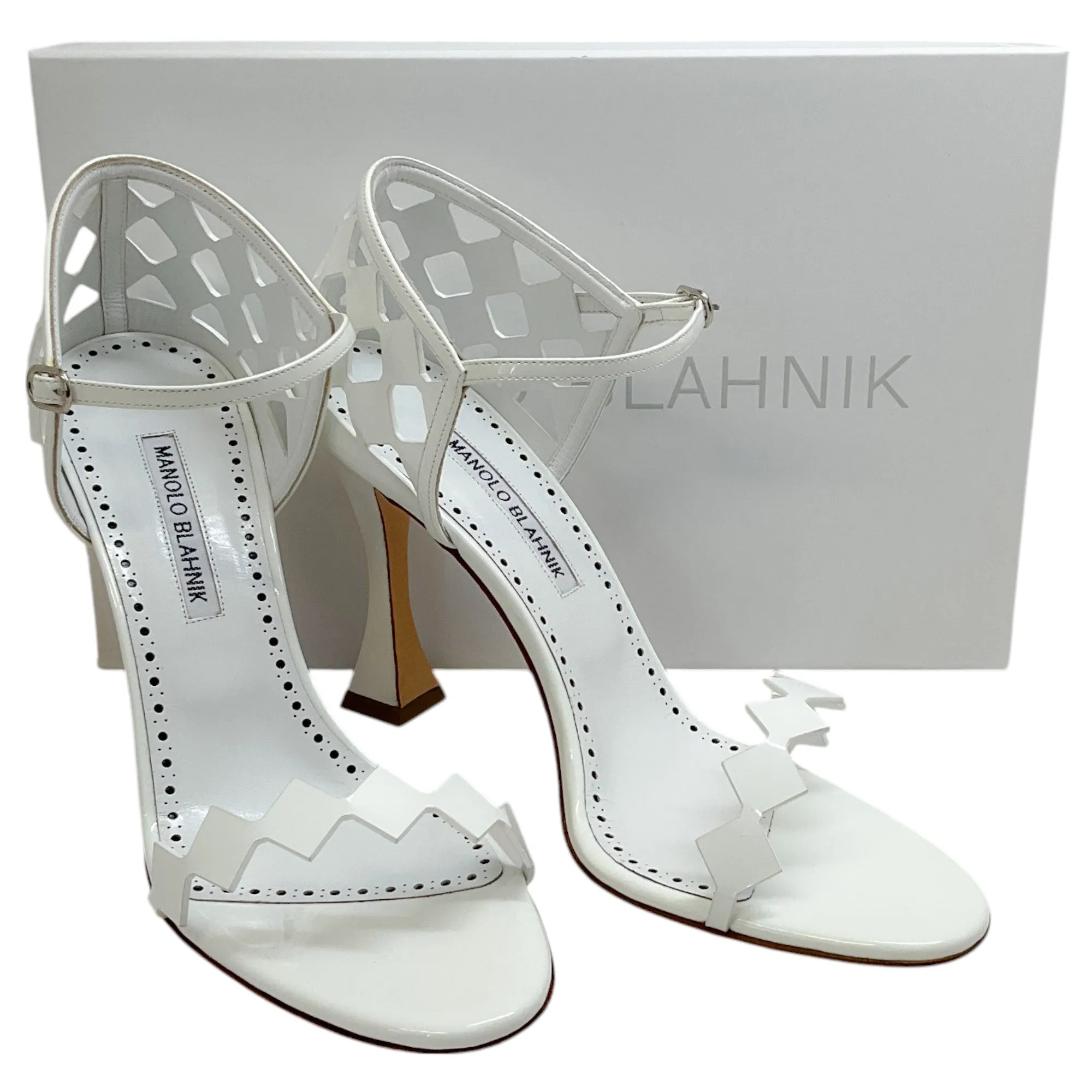 Manolo Blahnik White Patent Leather Kalun 105 Sandals