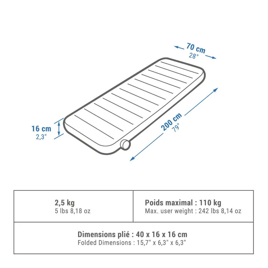 Matelas gonflable de camping - air seconds comfort 70 cm - 1 personne