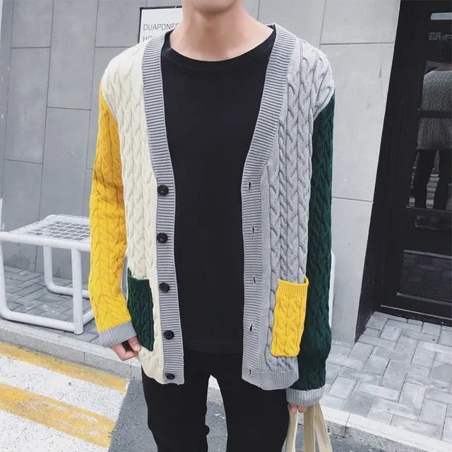 Men's Fashion Contrast Cardigan Up To Size XL