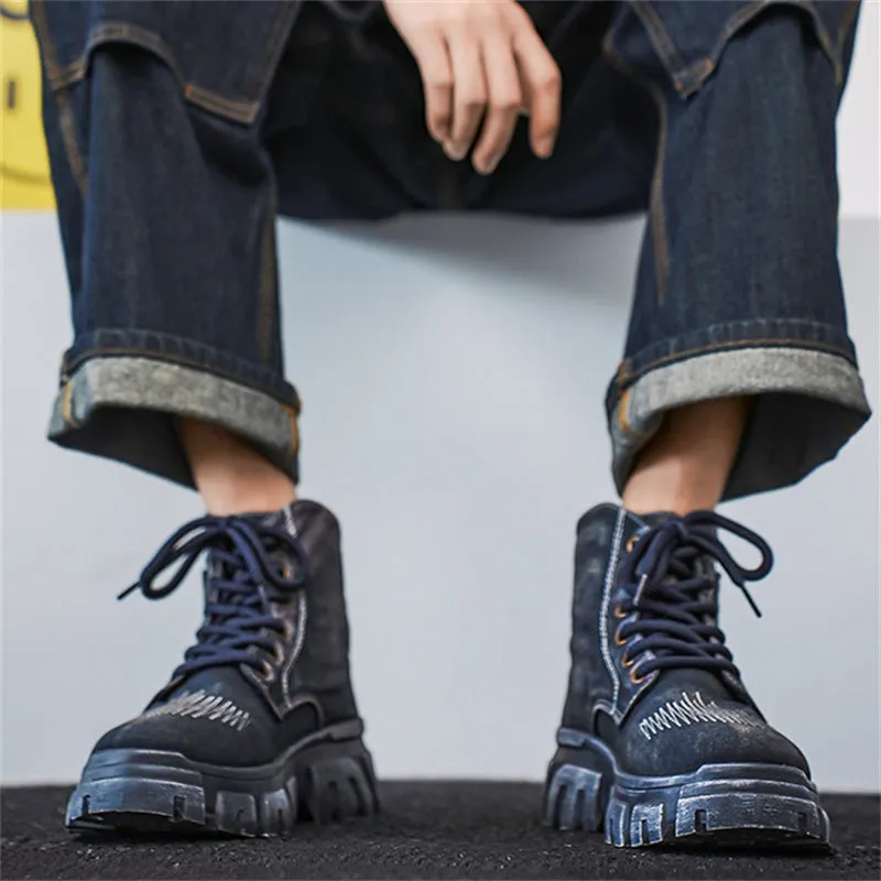 Men's Five-Pointed Star Studded Denim Canvas Martin Boots