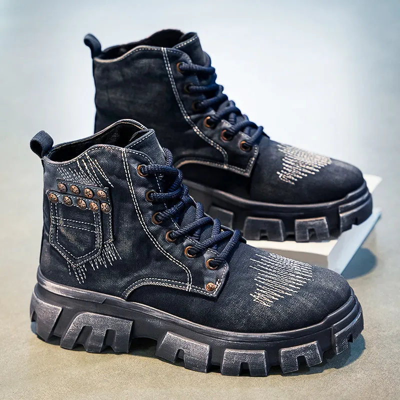 Men's Five-Pointed Star Studded Denim Canvas Martin Boots