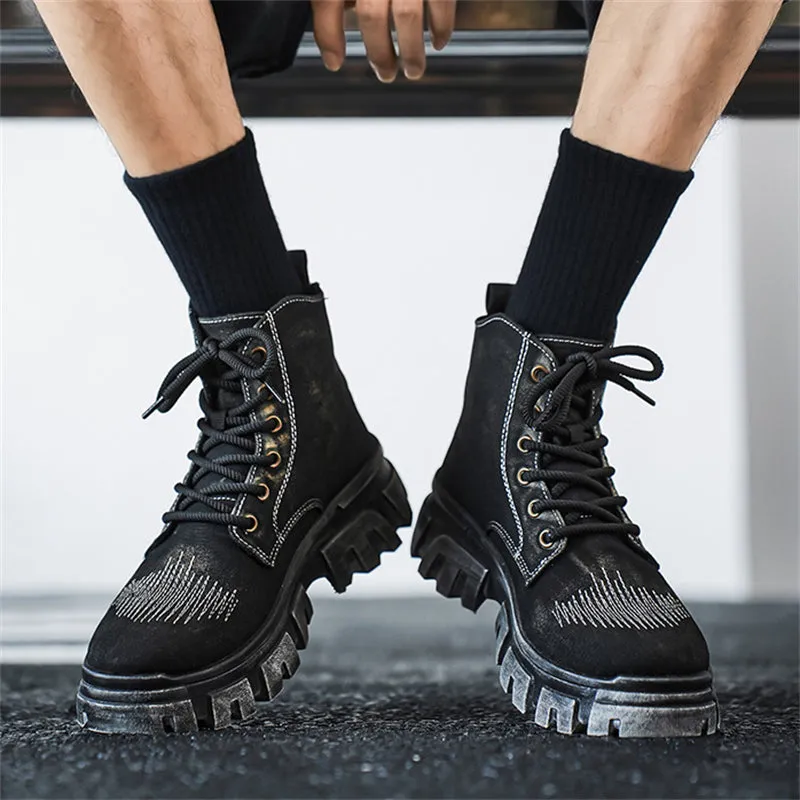 Men's Five-Pointed Star Studded Denim Canvas Martin Boots
