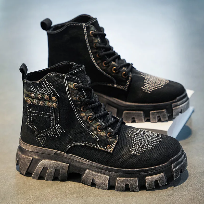 Men's Five-Pointed Star Studded Denim Canvas Martin Boots