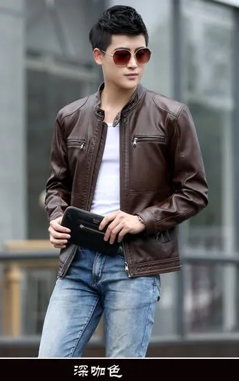 Men's leather Jacket design stand collar Coat Men casual motorcycle leather coat Mens Sheepskin jackets Windbreaker Coats