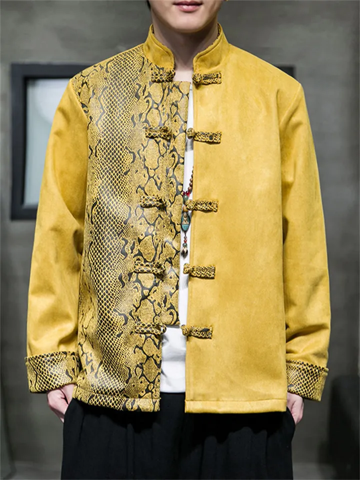 Men's Retro Snakeskin Print Tang Suit Faux Suede Jacket