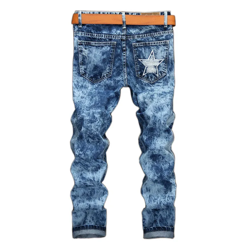Men's Ripped Jeans Straight Pants Casual Long Mid Waisted Jeans