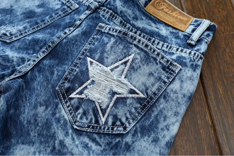Men's Ripped Jeans Straight Pants Casual Long Mid Waisted Jeans