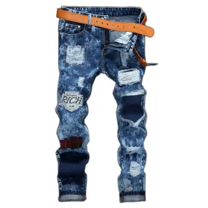Men's Ripped Jeans Straight Pants Casual Long Mid Waisted Jeans