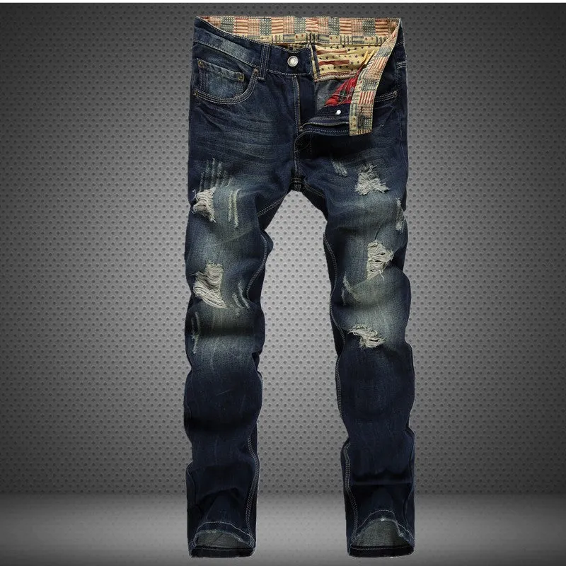Men's Ripped Jeans Streetwear Frayed Mid Waist Straight Pants