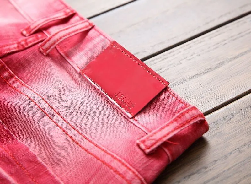 Men's Ripped Motorcycle Jeans Straight Pants Mid Waisted Jeans