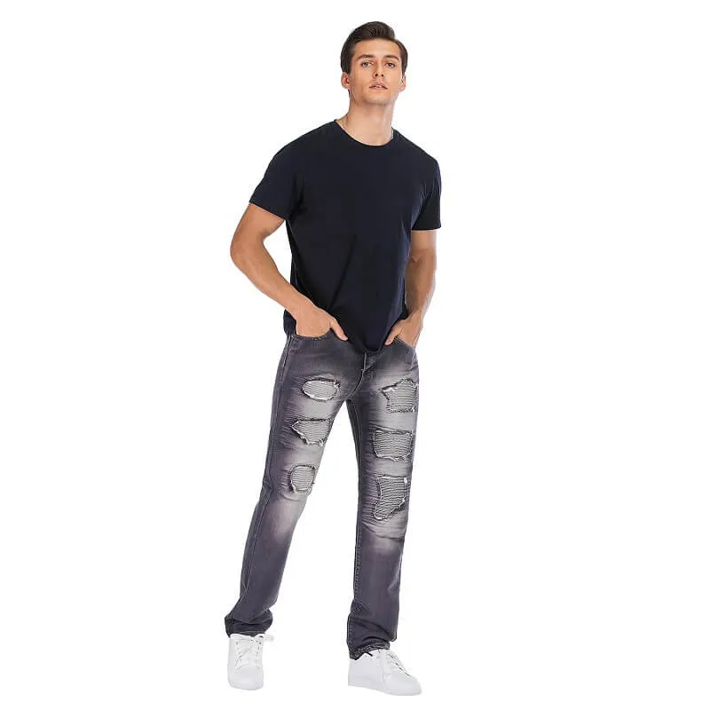 Men's Ripped Motorcycle Jeans Straight Pants Mid Waisted Jeans