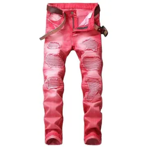 Men's Ripped Motorcycle Jeans Straight Pants Mid Waisted Jeans