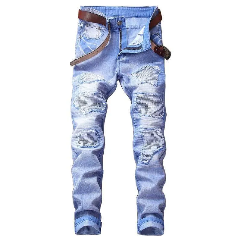 Men's Ripped Motorcycle Jeans Straight Pants Mid Waisted Jeans