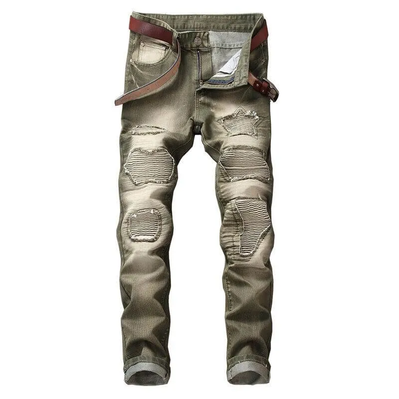Men's Ripped Motorcycle Jeans Straight Pants Mid Waisted Jeans
