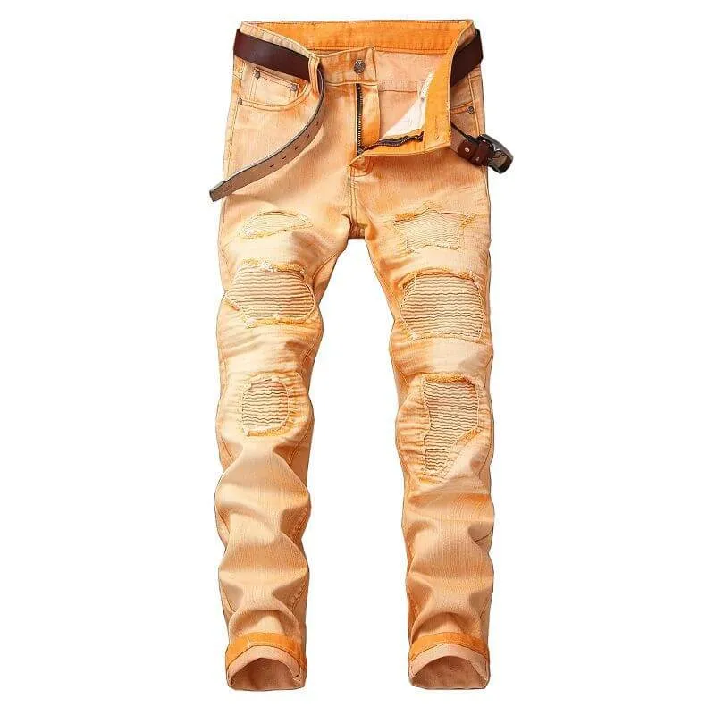Men's Ripped Motorcycle Jeans Straight Pants Mid Waisted Jeans