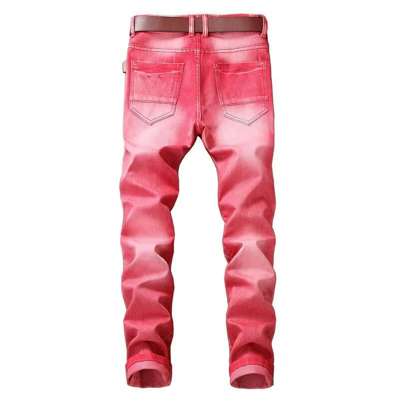 Men's Ripped Motorcycle Jeans Straight Pants Mid Waisted Jeans