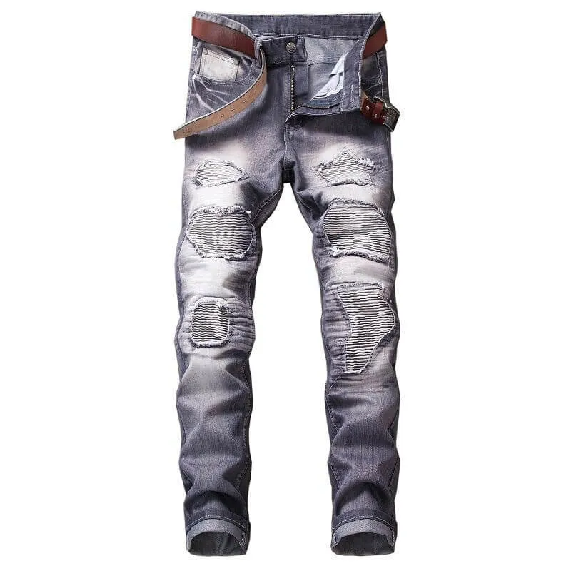 Men's Ripped Motorcycle Jeans Straight Pants Mid Waisted Jeans