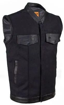 MEN'S SON OF ANARCHY MOTORCYCLE CANVAS VEST WITH LEATHER TRIM TWO GUN POCKETS