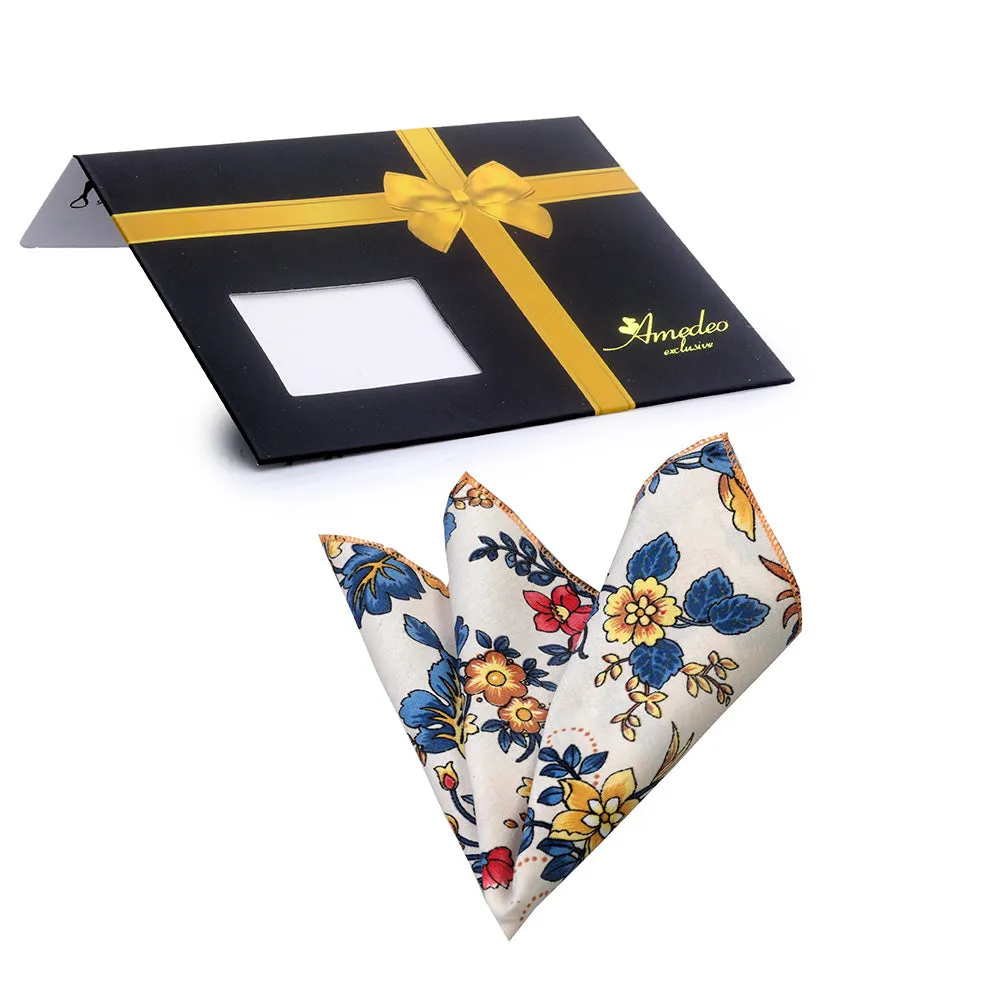 Multi Color White Floral Mens Pocket Square - Premium Silk Handkerchiefs for Suits