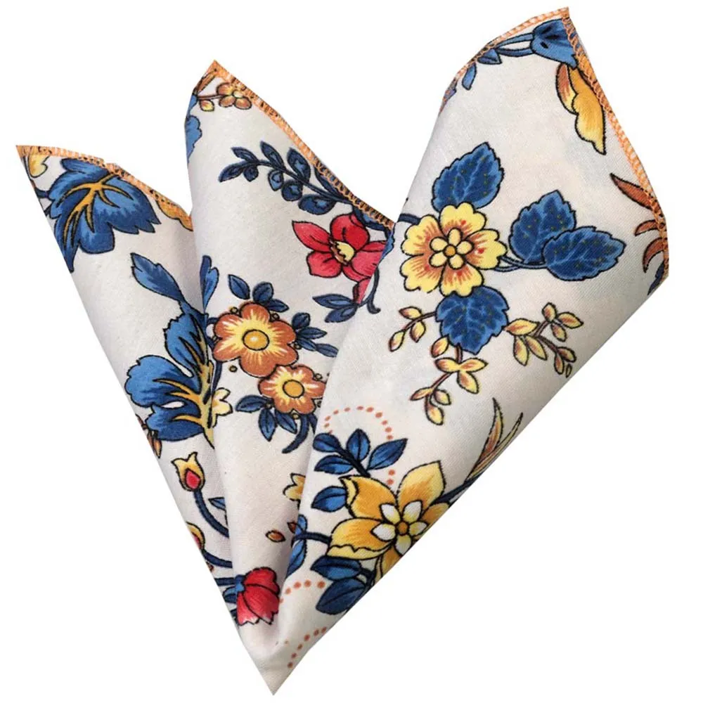 Multi Color White Floral Mens Pocket Square - Premium Silk Handkerchiefs for Suits