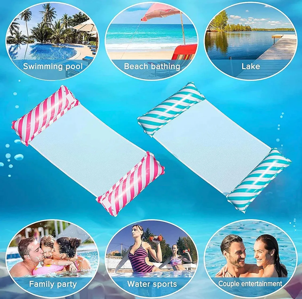 New 2 Pack Adult Size Inflatable Water Hammock Pool Floats, Multi-Purpose 4-in-1 Swimming Water Floating Rafts with pump