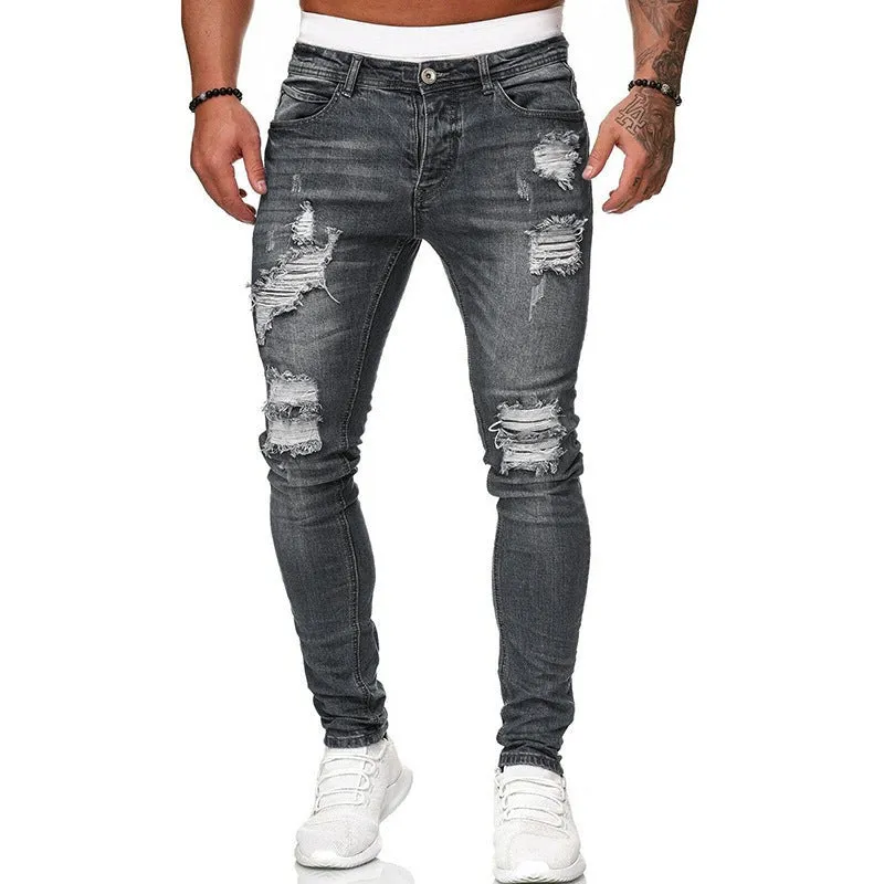 New Men's Ripped Jeans Slim Mid Waisted Jeans Pencil Pants