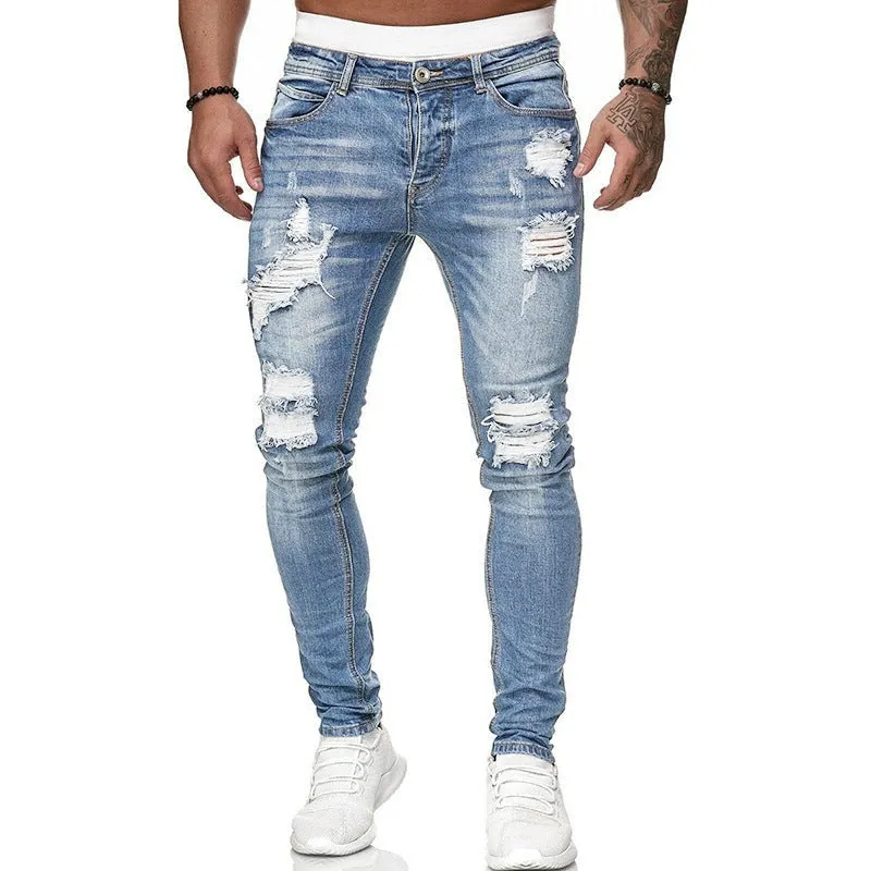 New Men's Ripped Jeans Slim Mid Waisted Jeans Pencil Pants