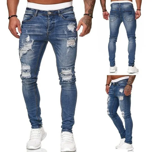 New Men's Ripped Jeans Slim Mid Waisted Jeans Pencil Pants