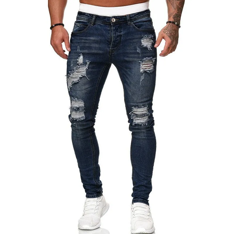 New Men's Ripped Jeans Slim Mid Waisted Jeans Pencil Pants