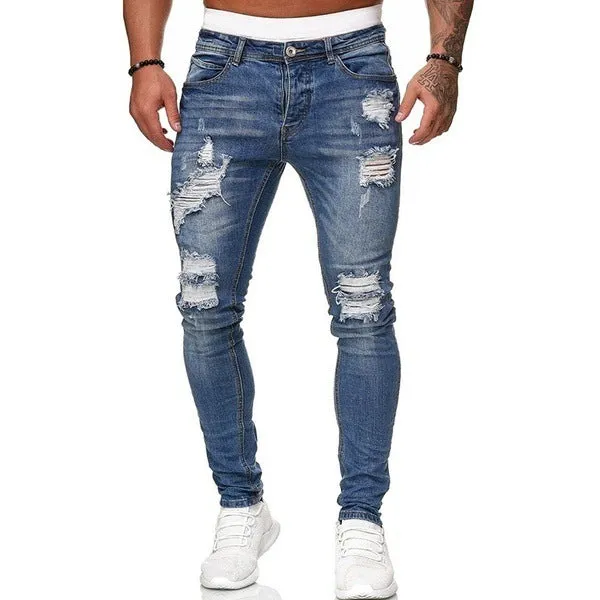 New Men's Ripped Jeans Slim Mid Waisted Jeans Pencil Pants